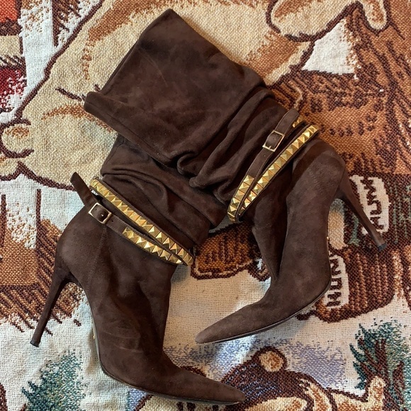 Vintage Iceberg Scrunchy Brown Suede Stiletto Boot gold stud wrap strap heel 8 - Picture 16 of 16